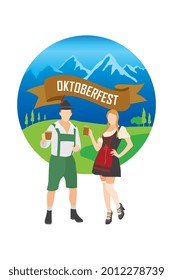 Couple wearing traditional clothes drink beer for oktoberfest on mountain and hill background. Vector Illustration. 