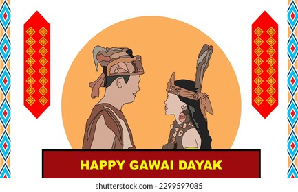 a couple wearing traditional Dayak clothes stare at each other with a circular background and a Dayak frame pattern with bold text commemorating Gawai Dayak is celebrated on June 1 and 2 every year