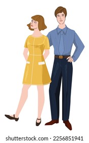 Couple wearing trendy clothes of 1960s years, isolated man and woman in modest apparel of 60s. Male in suit and lady in simple dress. Sixties american party and fashion. Vector in flat style - Shutterstock ID 2256851941