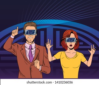 couple wearing virtual reality headset avatar cartoon character with pop art background vector illustration graphic design