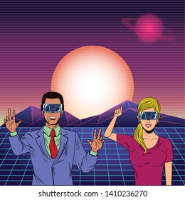 couple wearing virtual reality headset avatar cartoon character with futuristic landscape background vector illustration graphic design