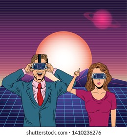 couple wearing virtual reality headset avatar cartoon character with futuristic landscape background vector illustration graphic design