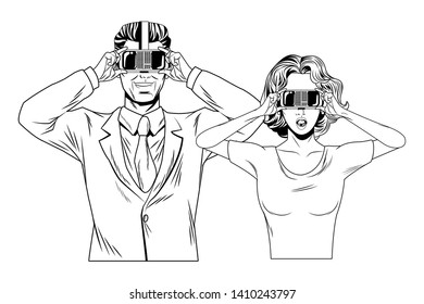couple wearing virtual reality headset avatar cartoon character black and white vector illustration graphic design