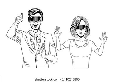 couple wearing virtual reality headset avatar cartoon character black and white vector illustration graphic design