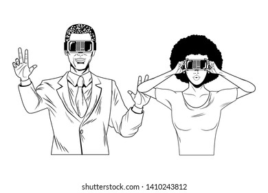 couple wearing virtual reality headset avatar cartoon character black and white vector illustration graphic design