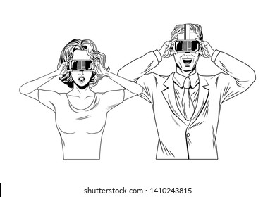 couple wearing virtual reality headset avatar cartoon character black and white vector illustration graphic design