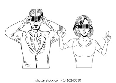 couple wearing virtual reality headset avatar cartoon character black and white vector illustration graphic design