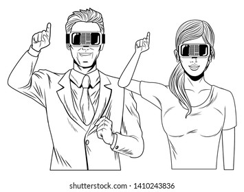 couple wearing virtual reality headset avatar cartoon character black and white vector illustration graphic design