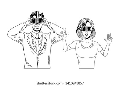 couple wearing virtual reality headset avatar cartoon character black and white vector illustration graphic design