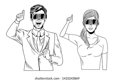 couple wearing virtual reality headset avatar cartoon character black and white vector illustration graphic design