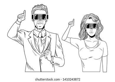 couple wearing virtual reality headset avatar cartoon character black and white vector illustration graphic design