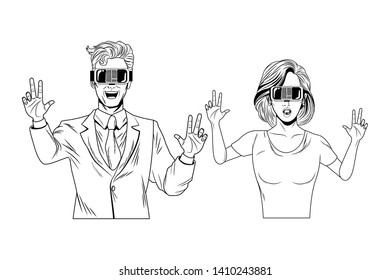 couple wearing virtual reality headset avatar cartoon character black and white vector illustration graphic design