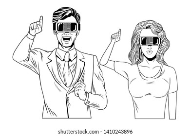 couple wearing virtual reality headset avatar cartoon character black and white vector illustration graphic design