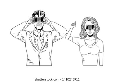 couple wearing virtual reality headset avatar cartoon character black and white vector illustration graphic design