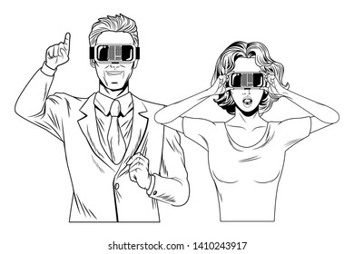 couple wearing virtual reality headset avatar cartoon character black and white vector illustration graphic design