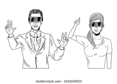 couple wearing virtual reality headset avatar cartoon character black and white vector illustration graphic design