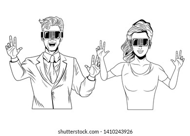 couple wearing virtual reality headset avatar cartoon character black and white vector illustration graphic design