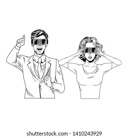 couple wearing virtual reality headset avatar cartoon character black and white vector illustration graphic design