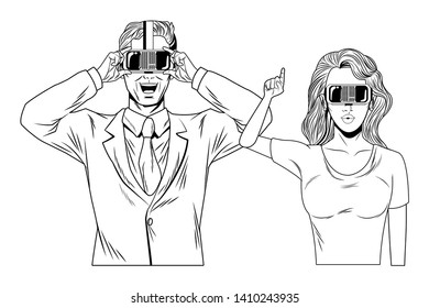 couple wearing virtual reality headset avatar cartoon character black and white vector illustration graphic design