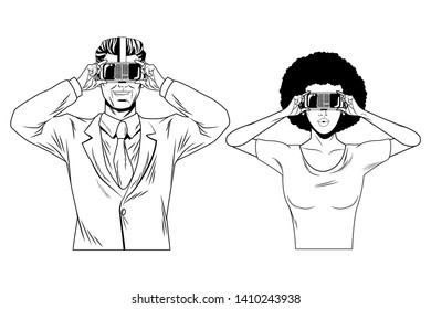 couple wearing virtual reality headset avatar cartoon character black and white vector illustration graphic design