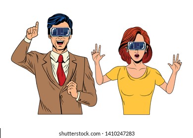 couple wearing virtual reality headset avatar cartoon character vector illustration graphic design