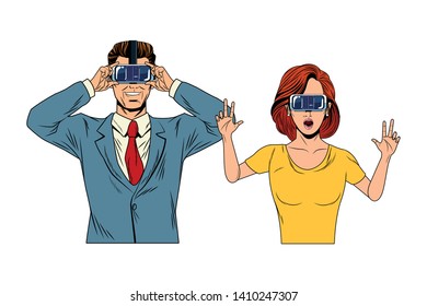 couple wearing virtual reality headset avatar cartoon character vector illustration graphic design