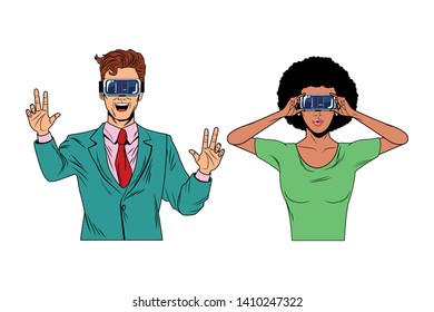 couple wearing virtual reality headset avatar cartoon character vector illustration graphic design