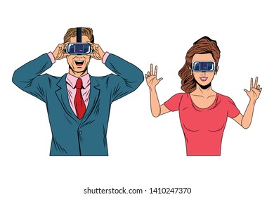 couple wearing virtual reality headset avatar cartoon character vector illustration graphic design