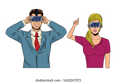 couple wearing virtual reality headset avatar cartoon character vector illustration graphic design