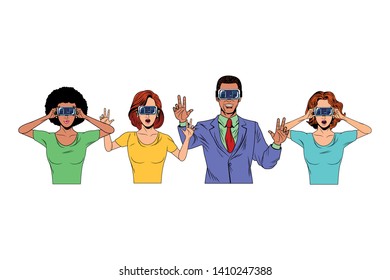 couple wearing virtual reality headset avatar cartoon character vector illustration graphic design