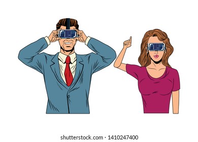 couple wearing virtual reality headset avatar cartoon character vector illustration graphic design