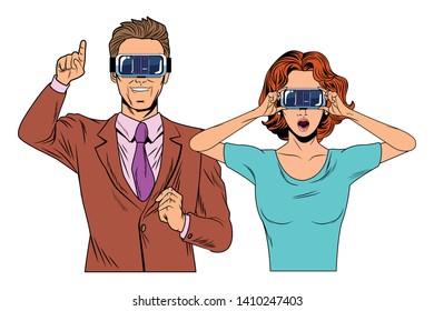 couple wearing virtual reality headset avatar cartoon character vector illustration graphic design