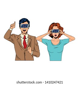 couple wearing virtual reality headset avatar cartoon character vector illustration graphic design