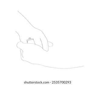  Pareja con anillo de boda en el día de la boda de ellos. Dibujo de línea continua única El novio lleva un anillo a la novia en la ceremonia de boda. Vector hecho a mano, no IA.