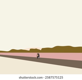 Couple wearing winter cloth walking near pink river with mountain landscape. Minimal design art.