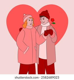 A couple wearing winter clothes gazing lovingly at each other in a romantic setting with a heart symbol in the background, a red rose in the guy's left hand, couple concept for Valentine's Day and Lov