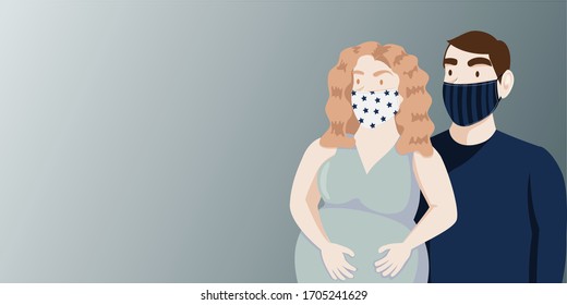 The couple wears a mask made of cloth to protect the corona virus. The wife is pregnant.vector,illustration,website,page.