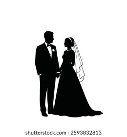 A Couple in Wedding Attire, Holding Hands and Gazing at Each Other, in a Clean Silhouette Style