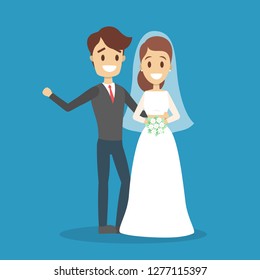 Couple wedding. Bride with bouquet and groom. Romantic people and white dress for ceremony. Isolated flat vector illustration