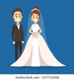 Couple wedding. Bride with bouquet and groom. Romantic people and white dress for ceremony. Isolated flat vector illustration