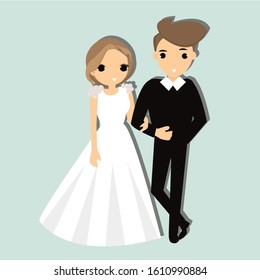 Couple wedding. Bride with bouquet and groom. Romantic people and white dress for ceremony. Isolated flat vector illustration for template, brochure, background or presentation.