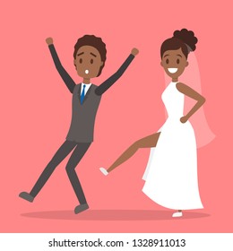 Couple wedding. Bride and groom. Romantic people and white dress for ceremony. Isolated flat vector illustration