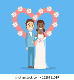 Couple wedding. Bride and groom. Romantic people and white dress for ceremony. Isolated flat vector illustration