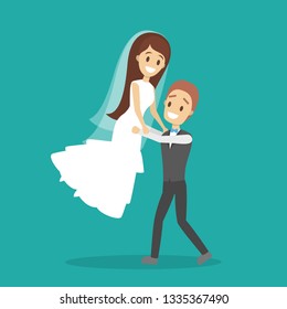 Couple wedding. Bride and groom. Romantic people and white dress for ceremony. Isolated flat vector illustration