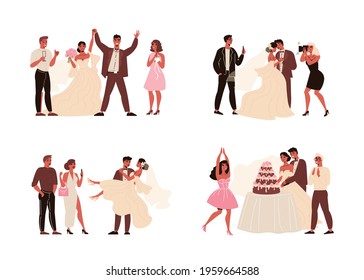 Couple wedding ceremonies set of isolated compositions with bride groom and their guests with cakes gifts vector illustration