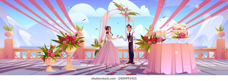 Pareja en ceremonia de boda cerca del lago de montaña. Dibujo vectorial de novia y novio feliz casándose, patio de madera decorado con cintas rosas, flores, vasos de vino y pastel en la mesa