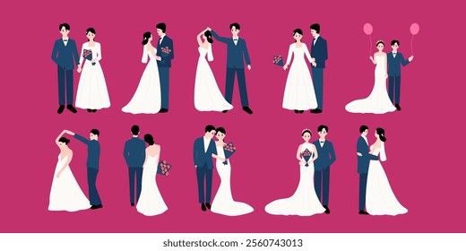 Couple wedding concept flat illustration set. Includes of romantic wedding, couple portraits, and couple dance. Vector illustration isolated transparent background