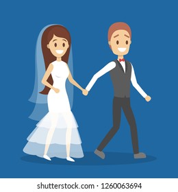 Couple wedding dance. Bride and groom. Romantic people and white dress for ceremony. Isolated flat vector illustration
