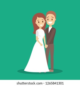 Couple wedding dance. Bride and groom. Romantic people and white dress for ceremony. Isolated flat vector illustration