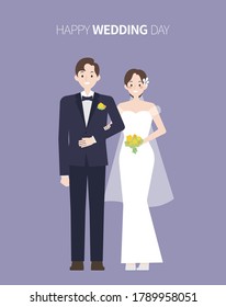 A couple in wedding dresses and tuxedo stands with arms folded. Happy wedding day image. Flat illustration useful for wedding invitations.